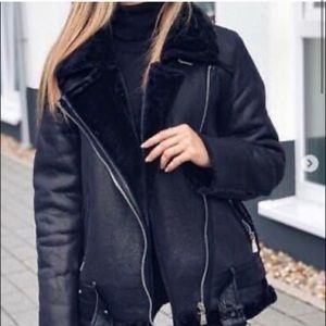 ZARA faux leather shearling biker moto coat jacket
